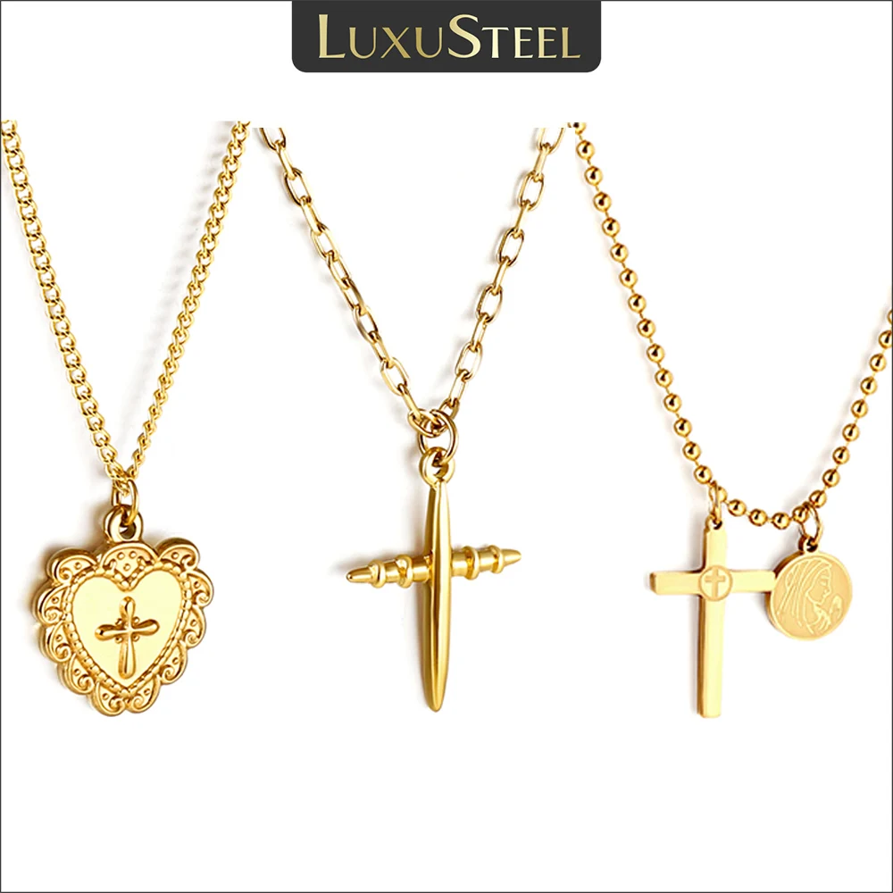 

LUXUSTEEL Gothic Heart Shape Cross Pendant Necklace Women Men Stainless Steel Cuban Rolo Beads Chain Simple Prayer Jesus Collar