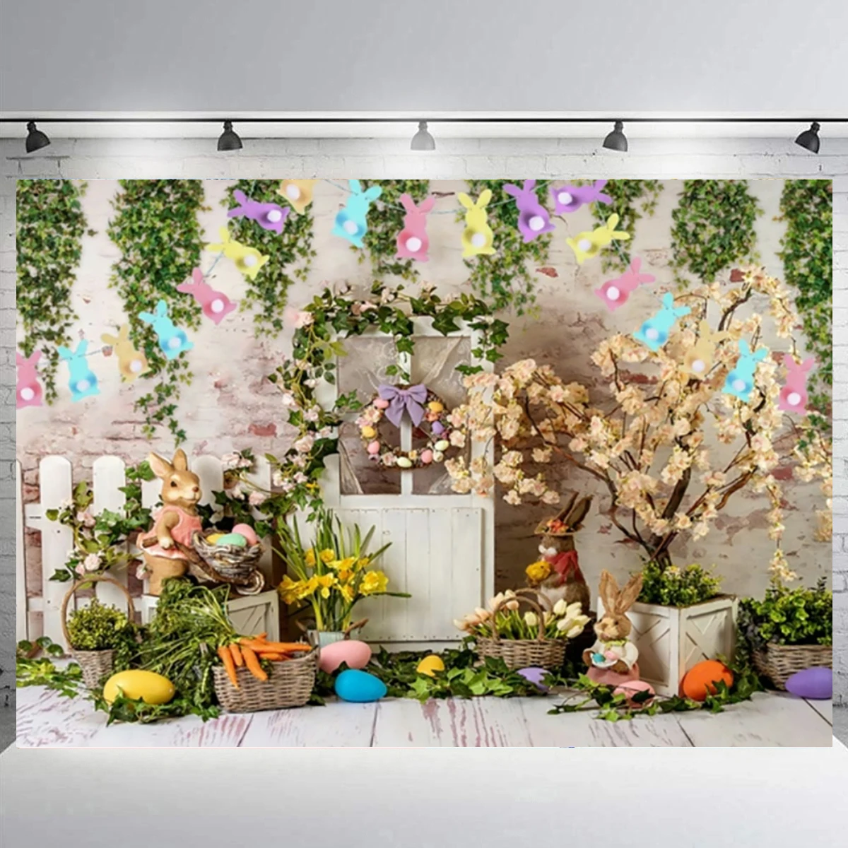 

Happy Easter Colorful Flower Wall Photo Backdrops for Photography Bunny Wooden Eggs Background Party Decorations Baby Shower