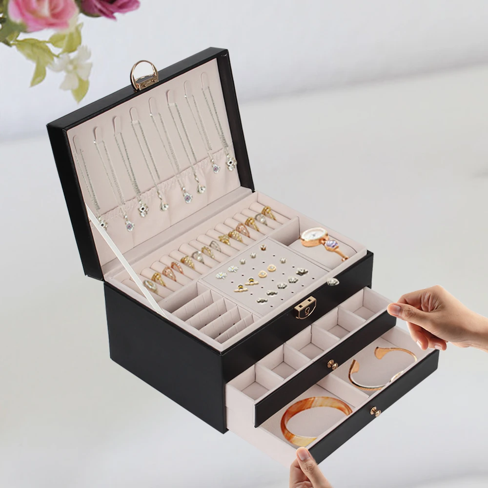 

With Lock Leather Jewelry Box Necklace Earring Ring Storage Box Jewelry Organizer Retro 3-Layer With Necklace Hook