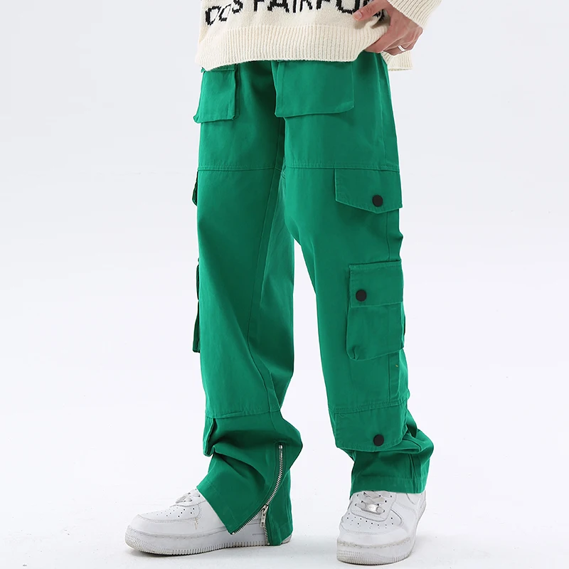 

High Street Ankle Zipper Multi-pockets Retro Mens Cargo Pants Harajuku Solid Color Straight Casual Oversized Baggy Trousers