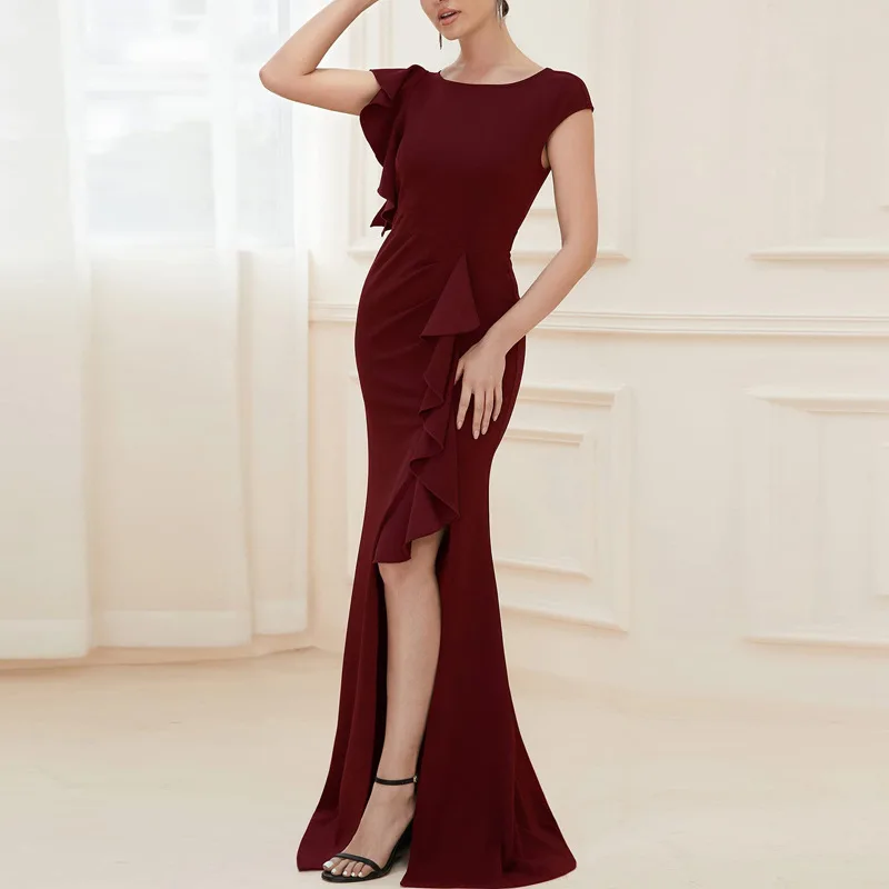 

Elegant Maxi Dresses for Women Short Sleeves Prom Dress Sexy Slit Evening Party Dress Solid Long Robes Ruffles Gowns Vestidos