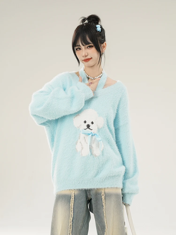 Korean Sle Puppy Jacquard Hanging Neck V-neck Sweater Women's 2024 New Loose Sweet Soft Glutinous Knit Top