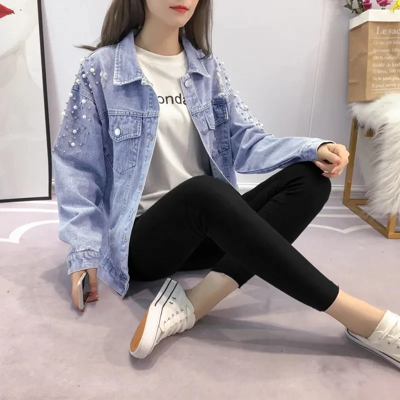 

Pearls Beading Ripped Denim Jacket Woemn Streetwear Sequins Appliques Loose Jean Coat Spring Autumn Fashion Denim Outwear Female