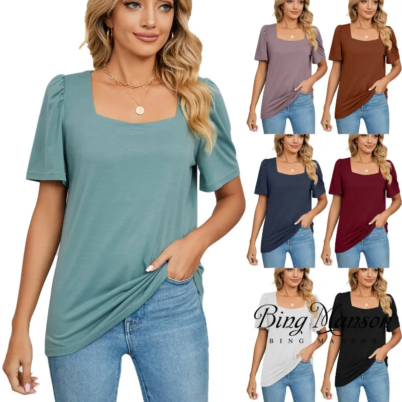 

2023 Summer Women's Knitted Top Square Neck Short Sleeve T-shirt Women's Loose Elegant T-shirt Women's Casual Wear T-shirt