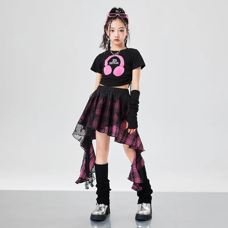 Укороченный топ для девочек в стиле хип-хоп, газовая юбка K-pop для уличных танцев, Детская уличная одежда, костюмы для джазовых чарлидинга, комплекты одежды (art.: 3920c8edaeed3) - 3920c8edaeed3