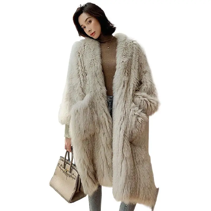 

Real Fox Fur Double sided Knitted Long Coats Women Female Natural Fue Bat Sleeve Loose Jackets Thick Warm Overcoats Milk Tea