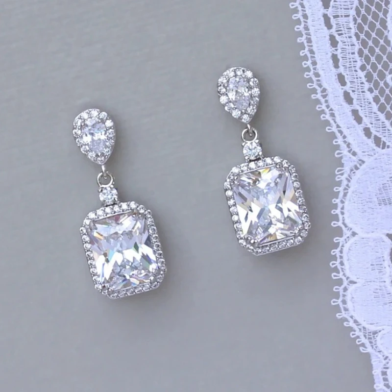 

New 2022 Exaggerated Fashion Square Zircon Silver Earrings Long Earrings Jewelry for Women Girl Wholesale Gifts