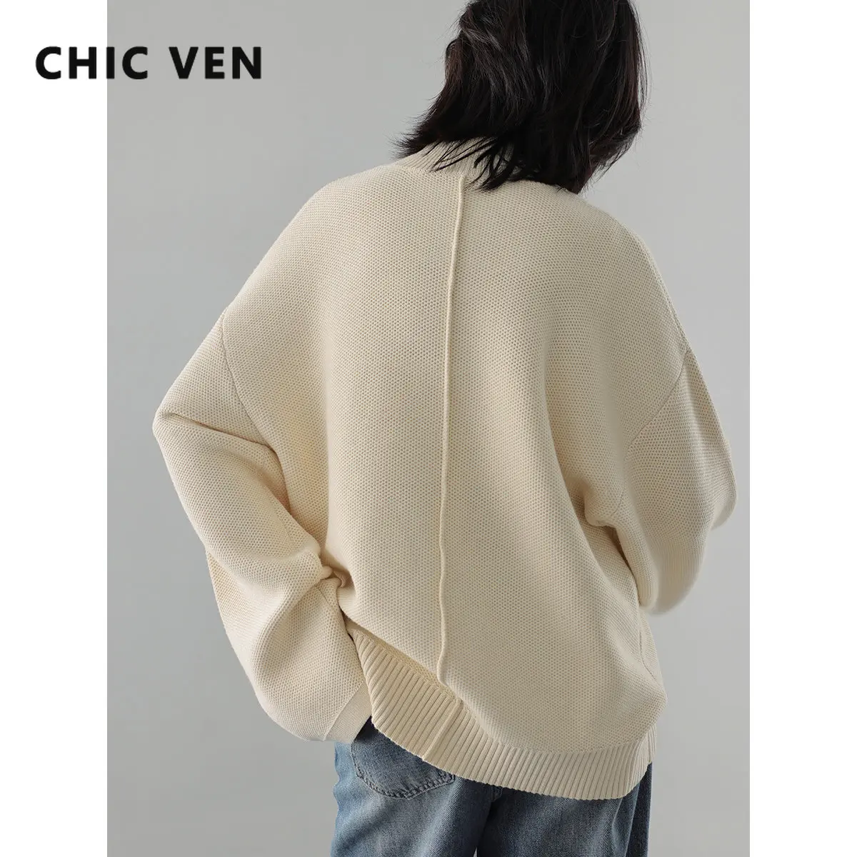 CHIC VEN Simple Split Design Loose Half High Collar Pullover Sweater Knit Solid Women Jumpers Korean Fashion Autumn Winter 2022