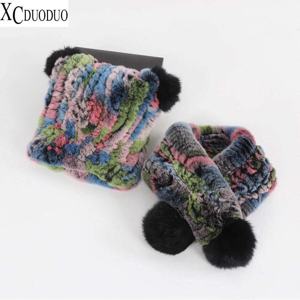 

New Fashion Children Natural Fur Scarf Hat Sets Knit Kids Real Rex Rabbit fur Muffles Caps Set Winter Warm Kid Fur Scarves Hats