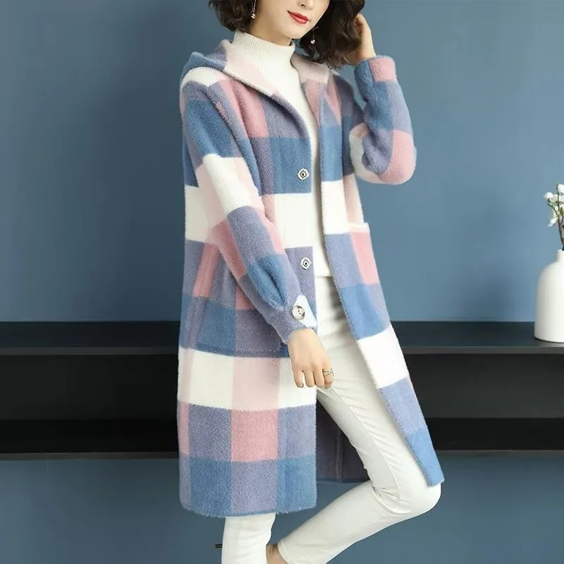 

Imitation Mink Fleece Coat Autumn/Winter New Mid length Ultra Thick Knitted Coat Women's Mink Fleece Loose Plaid Cardigan