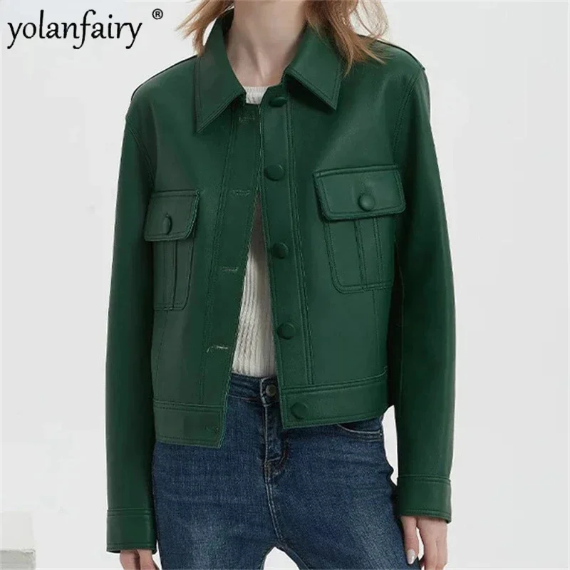 

Осень 2023, популярная куртка из натуральной кожи, женские топы с воротником-поло из овечьей кожи, классический короткий пиджак, жакет