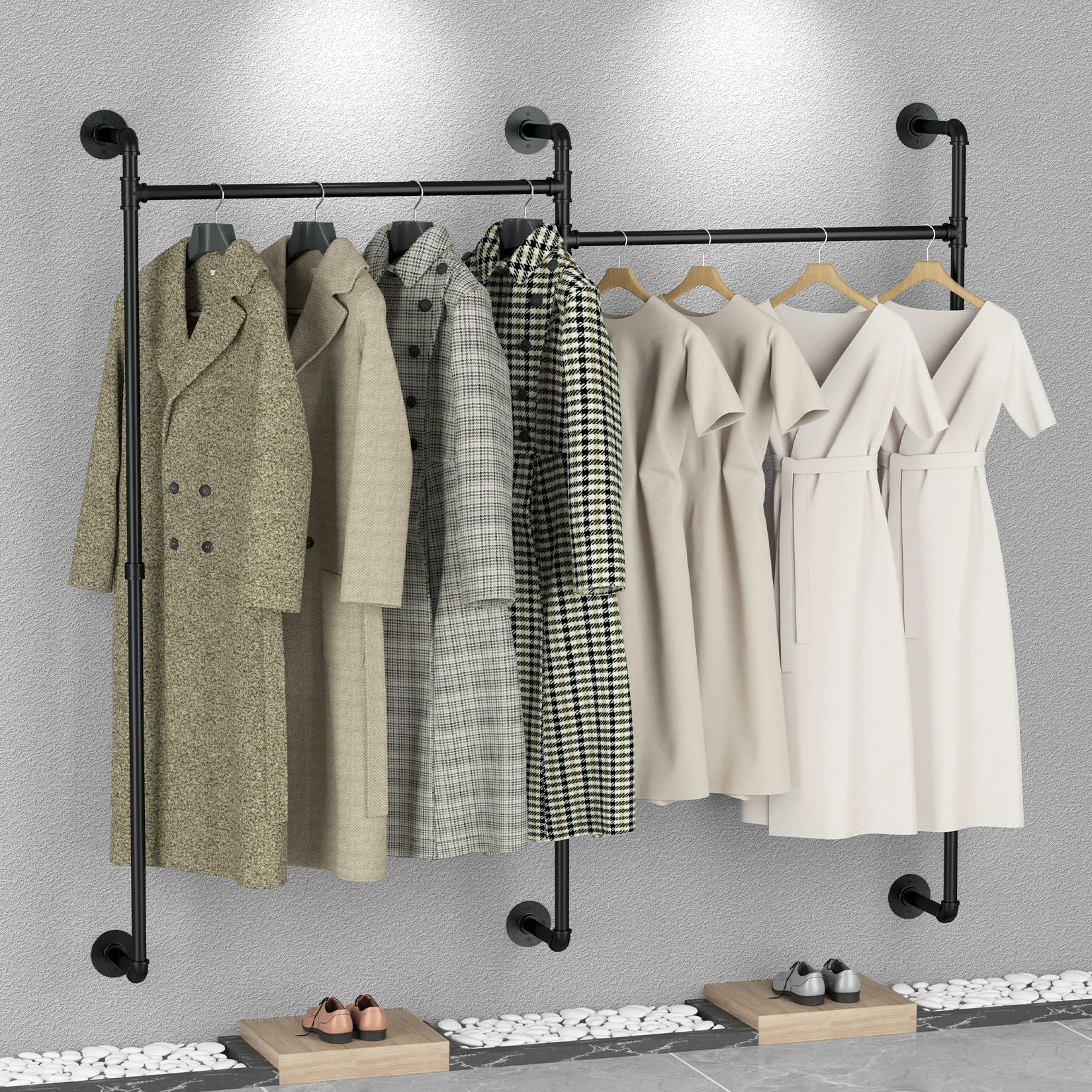 

Heavy Duty Industrial Pipe Clothes Rack Wall Mounted Black Iron Garment Bar Closet