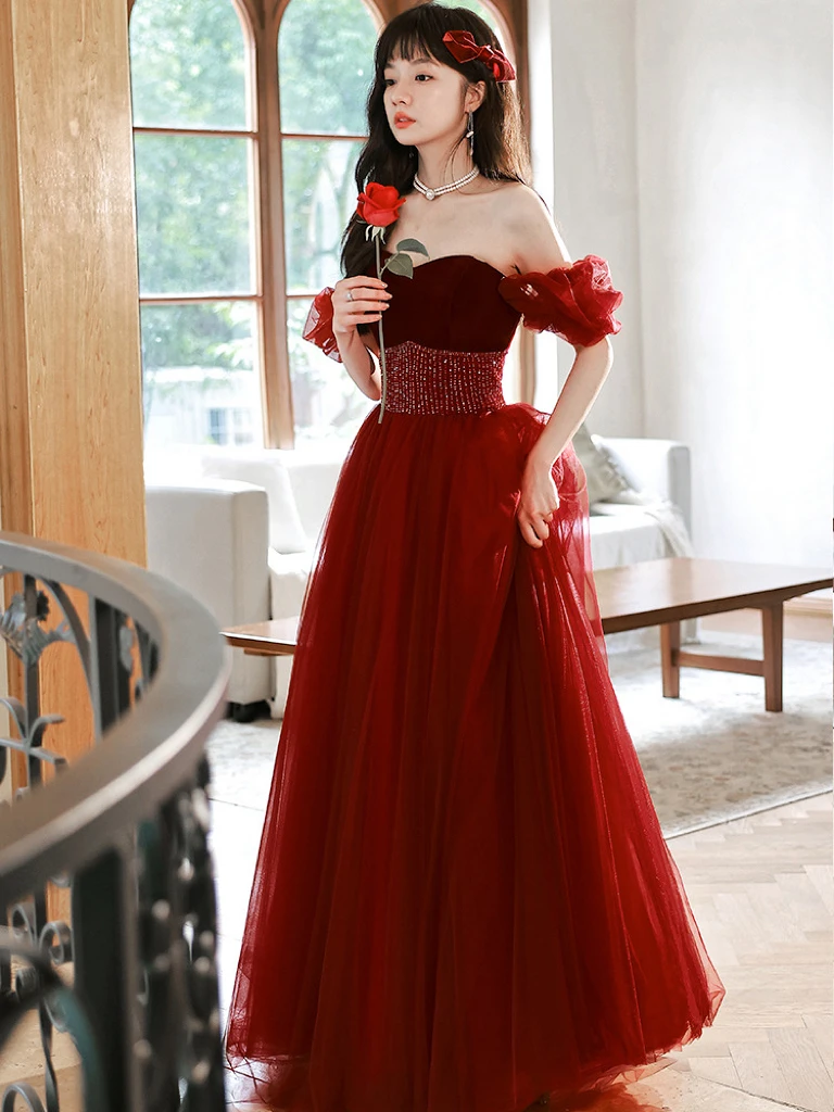 

Burgundy Bridesmaid Dresses Off Shoulder Beading Sweetheart Engagement Women High-end Luxury A Line Banquet Bride Toasting Gown