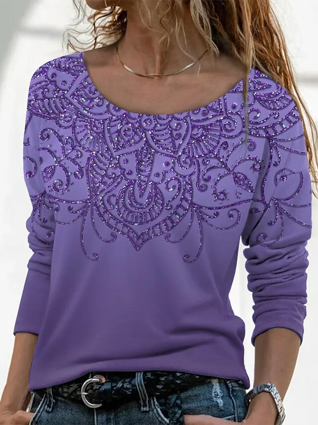 2023 Autumn Round Neck Pullover Spring Women's Daily Long Sleeve Fashion Tops Casual Regular Tee Shirt Vintage Print T-shirt - купить по