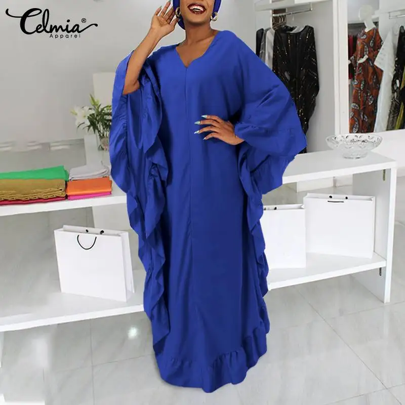 

Женское повседневное свободное платье-макси Celmia, стильные мешковатые платья с рукавом летучая мышь и оборками, вечерние платья 2022, Модное Д...