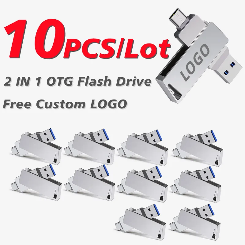 Free Shipping 10PCS/Lot Free Custom Name LOGO Silver Metal OTG Flash Drive 2 IN 1 OTG USB3.1+Type-C 128GB 64GB 32GB 16GB 8GB