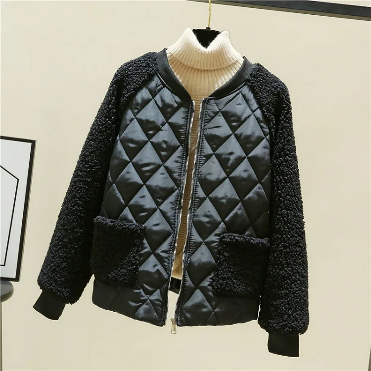 2023 New Women's Winter Jacket Short Korean Version Loose Lamb Wool Down Cotton Women Coat Stand-up Collar Plaid Parkas Fashion