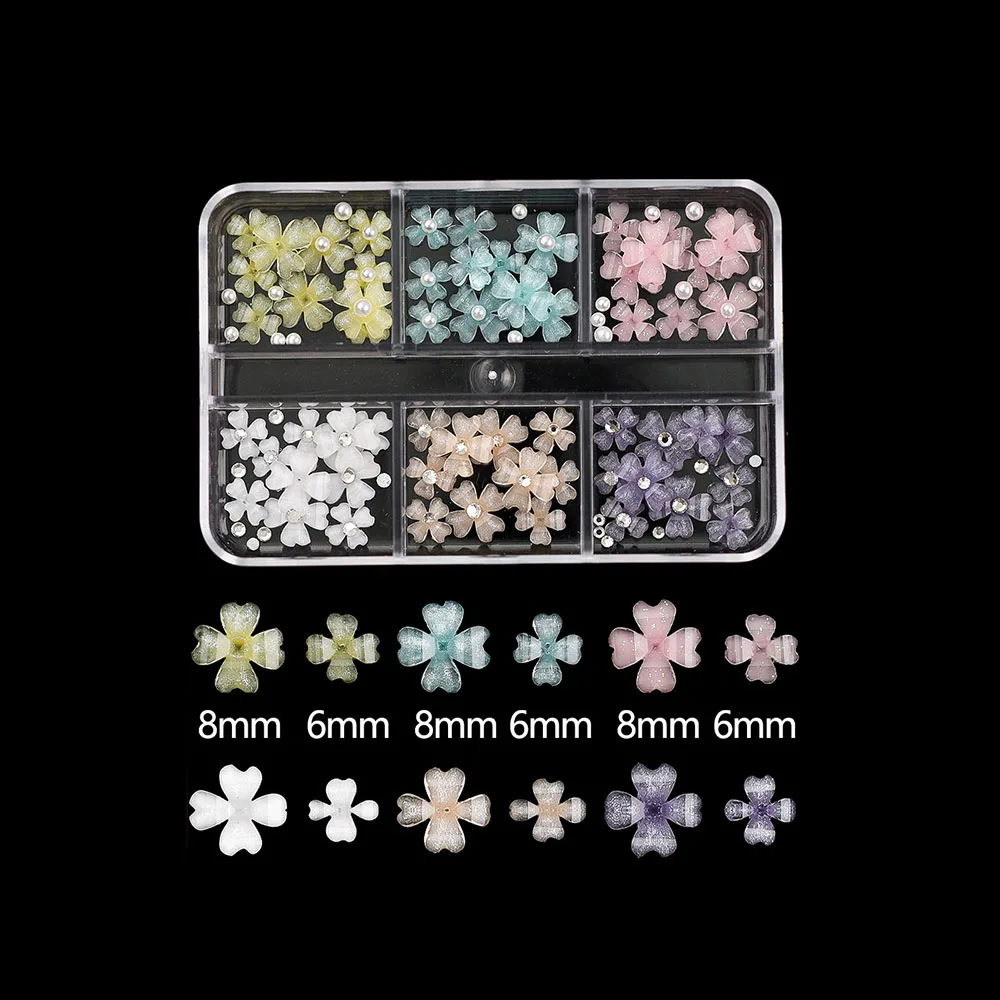 

3BOX 50/60pcs Box Crystal Clover Nail Decoration 3D Four Petal Acrylic Flower Mix 6/8/10mm Lucky Floret Gems Ornament Nail Kits