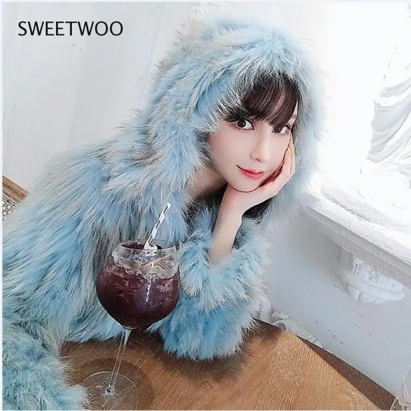 Winter Knitted Furry Faux Fox Fur Coat Chaquetas De Mujer Abrigo Peludo Casaco De Pele Fake Feminino Contracted Slim Tide 2022