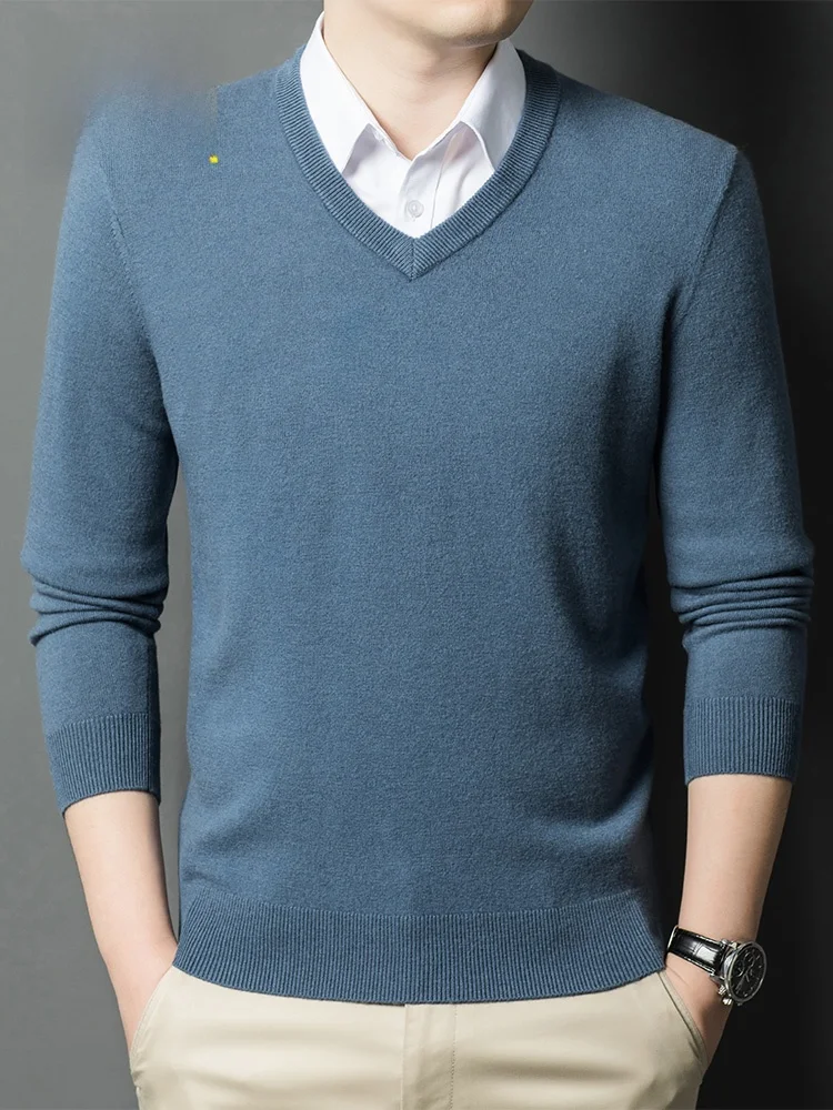 Woodpecker Woolen Sweater for Men Winter Thickened 00 Pure Wool V-neck Knit Middle-Aged Base Dad