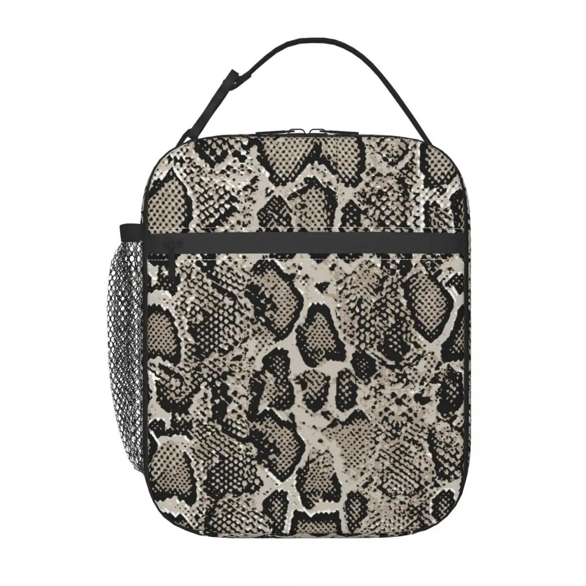 

Python Snakeskin Lunch Bag with Handle Animal Print Car Mesh Pocket Cooler Bag Cooling Pearl Cotton Reusable Thermal Bag