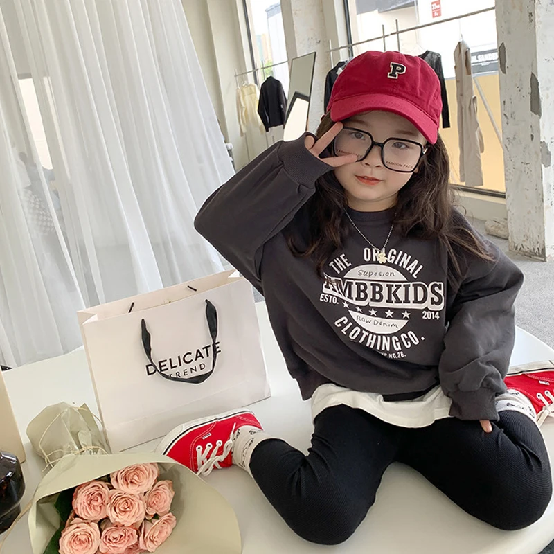 

Весенне-осенняя спортивная рубашка для девочек, детский пуловер, детские топы, детская одежда, повседневная рубашка с круглым вырезом и бук...