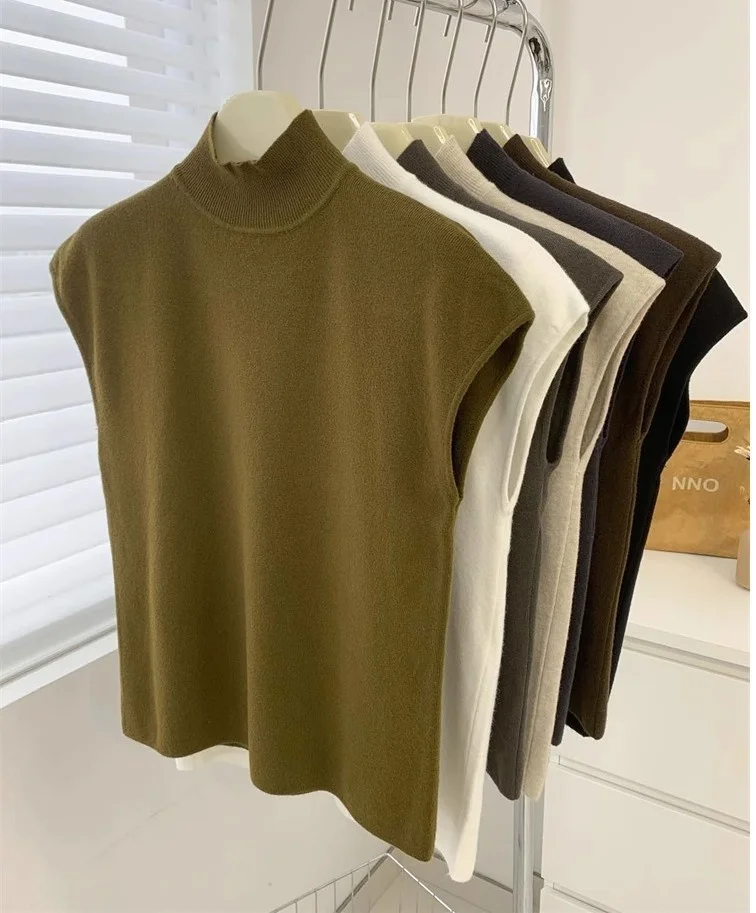 

Женский трикотажный топ без рукавов, белый, черный, зеленый укороченный топ с высоким воротником на лето и осень