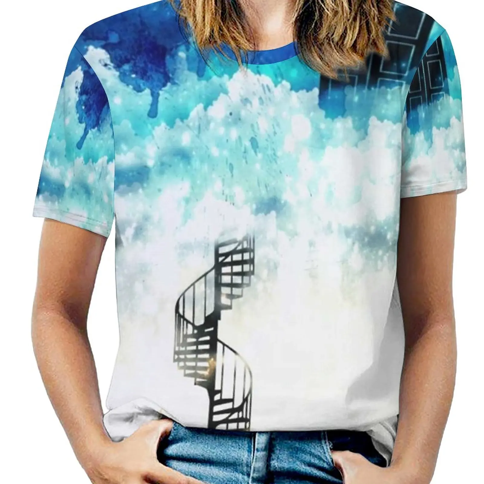 

Beyond The Clouds Women T-Shirt Crewneck Casual Short Sleeve Tops Summer Tees Clouds Tardis Sky Starry Moon Stairs Who Possible