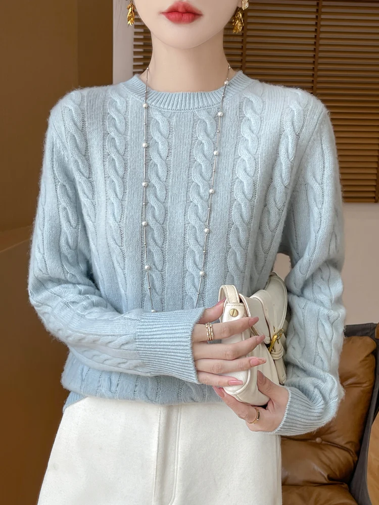 2024 осенне-зимний женский свитер с круглым вырезом витой 00% чистый горный пуловер