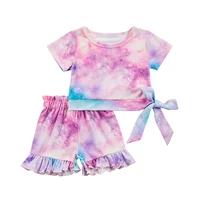 infant baby girls clothing 2pcs summer cotton casual sets short sleeve round neck knotted t shirts tie dye print ruffle shorts