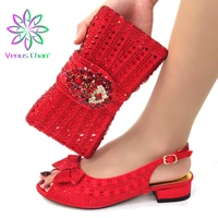 2022 african hot selling italian design newest ladies shoes and bag set decorated with rhinestone in red color for party
