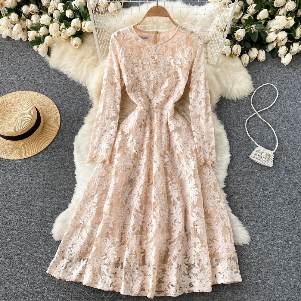 

French Style Summer Lace Dress Ins Women's Mori Style Retro Waist-Controlled Hollow Embroidery Vestido Midi Elegante Office Lady