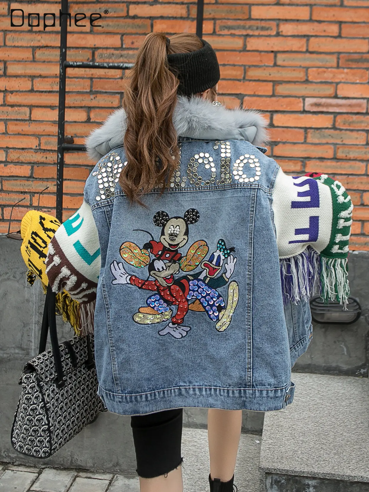 

Fashion Brand Winter New Fleece-Lined Thicken Removable Liner Cartoon Beaded Denim Parka Cotton-Padded Jacket Women Denim Jacket