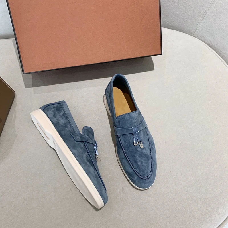 Loro Shoes Designer Suede Women loafers 2023 Summer Men Flat Shoes Metal Lock Slip-on Causal Moccasin Comfortable Mules lazy