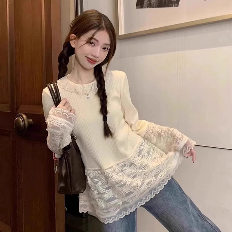 Милая рубашка с кружевным низом для девочек женская осенняя длинным рукавом