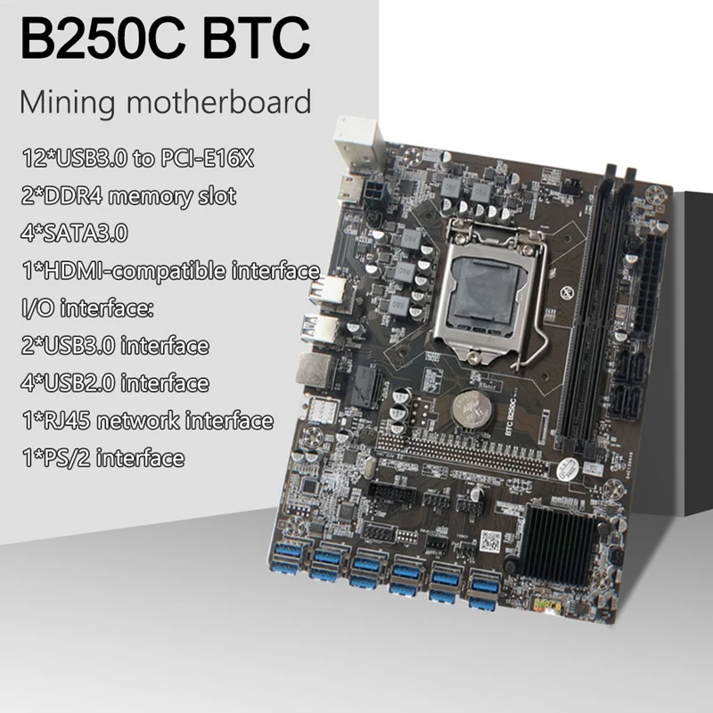 Материнская плата B250C для майнинга BTC 12 USB3.0 слот графической карты LGA 1151 DDR4 DIMM RAM с