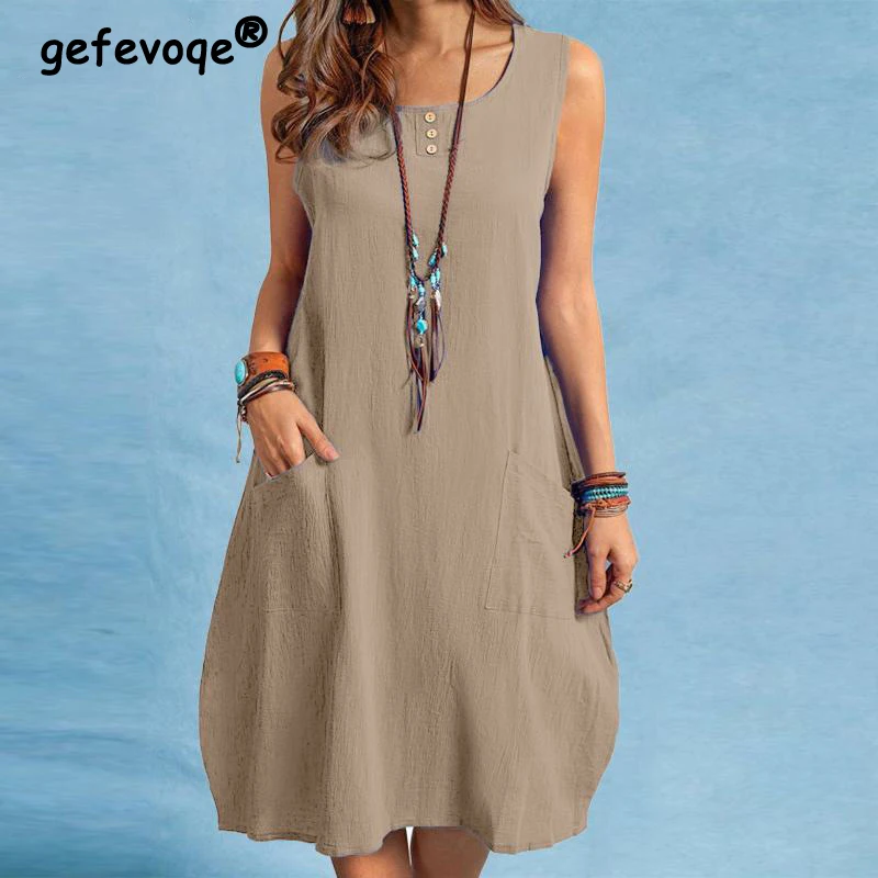 

Summer Fashion Solid Cotton Linen Casual Pocket Loose Tank Dresses Female Clothing Vestidos De Fiesta Elegant Holiday Robe Dress