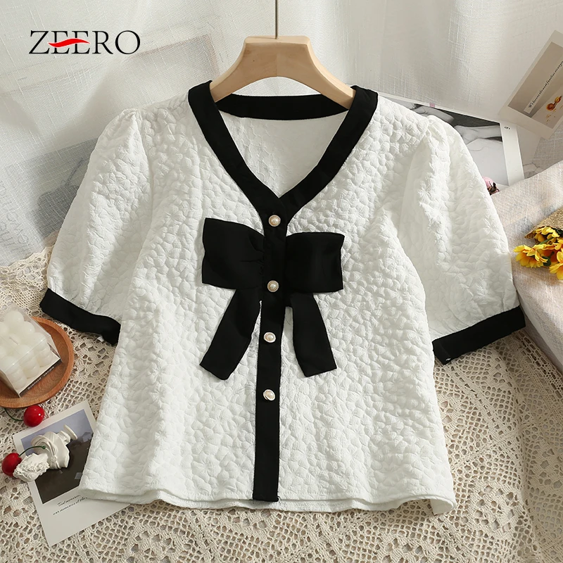 

Korean Fashion Women Summer Bowknowt Hit Color Blouse Female White V Neck Puff Sleeve Shirt Buttons Up Cropped Tops Blusas Mujer