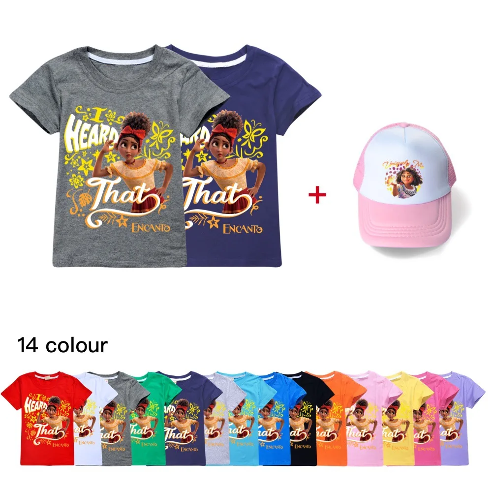 

2022 disney unisex summer encanto new cartoon fashion girl harajuku street boy hip hop crew neck kids t shirt + hat