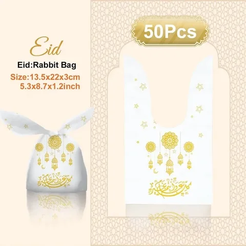 50 шт. Eid Mubarak, конфеты, подарочные пакеты с кроличьими ушками, украшения для дома 2024, Исламские мусульманские искусственные подарки