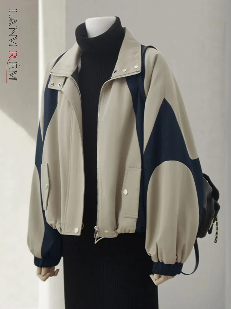 

LANMREM Streetwear Short Cotton Coat Women Contrast Color Patchwork Thick Warm Jackets Fashion 2023 Winter New Clothing 32C342