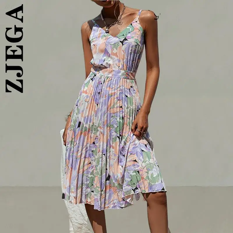 

Zjega Dress Women Fashion V-neck holiday pleated print summer dress Outfits Holiday Club Dresses Woman Vestidos Female