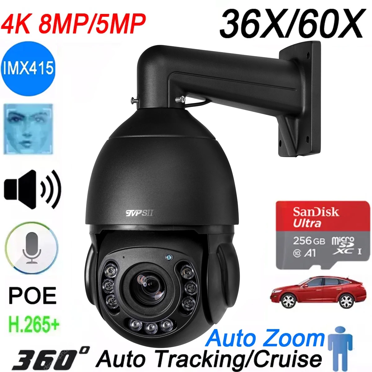 Black 256gb Auto Tracking 8MP 4K IMX415 36X 60X Optical Zoom 360° Audio Outdoor ONVIF IP POE PTZ Speed Doom Surveillance Camera