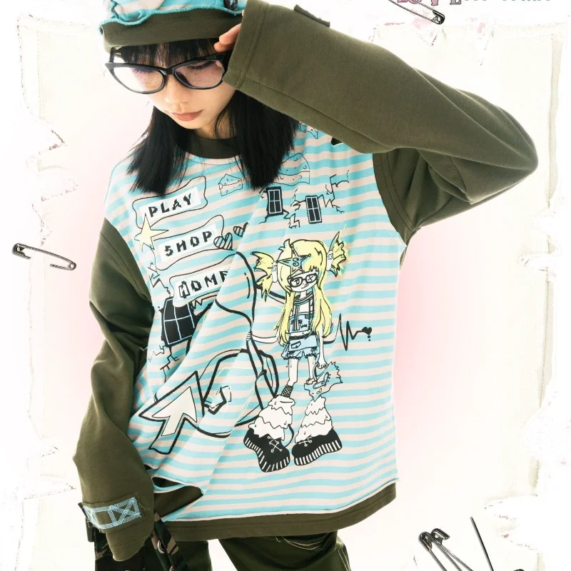 

Hip Hop Punk Y2k Fairy Grunge Loose Striped Hoodies Women Kawaii Clothes Sudaderas Mujer Streetwear Sweatshirt Goth Harajuku