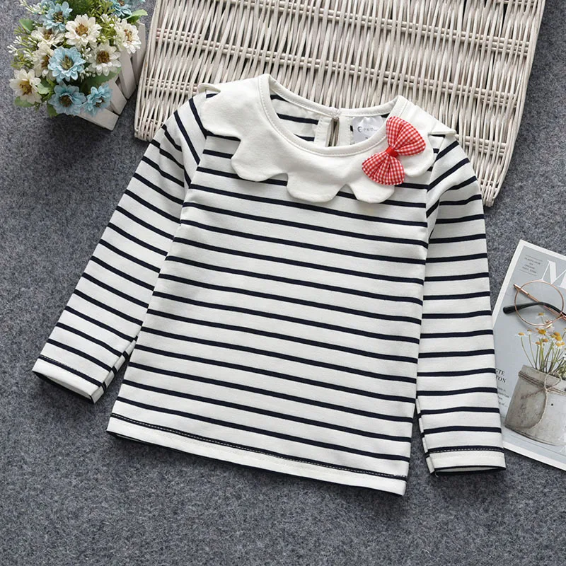 Autumn Girl Princess Blouse Girls T-Shirts Kids Girl Bowknot Striped Solid Color Shirt Wholesale Cotton Long Sleeve Tee Toddler enlarge