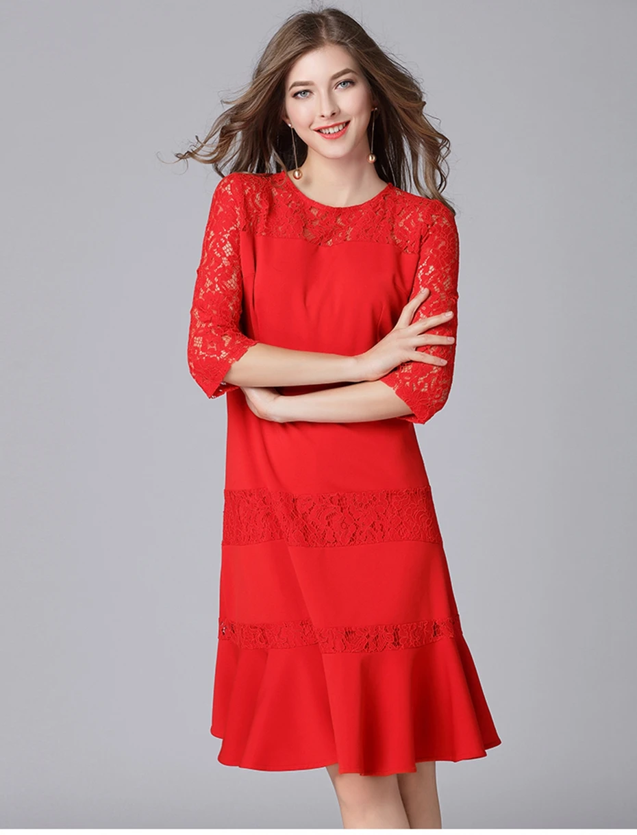 

Новое поступление, весеннее повседневное стильное стрейчевое женское кружевное платье с круглым вырезом и юбкой-годе, модель 16028
