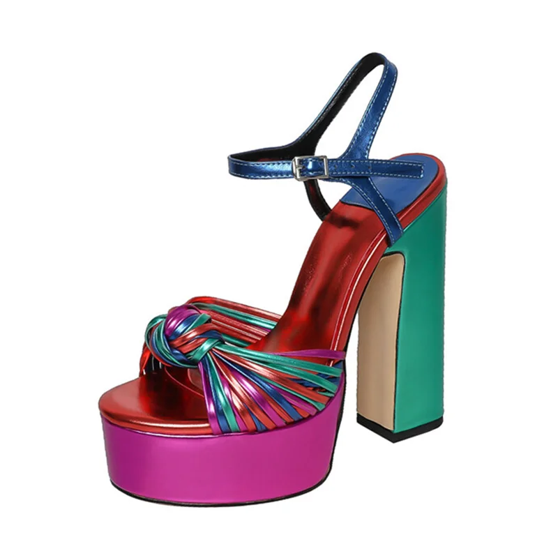 

Summer Trendy Mixed Colors Knotted Strap Buckle Thick High Heel Women Sandals Platform Shoes Big Size 43