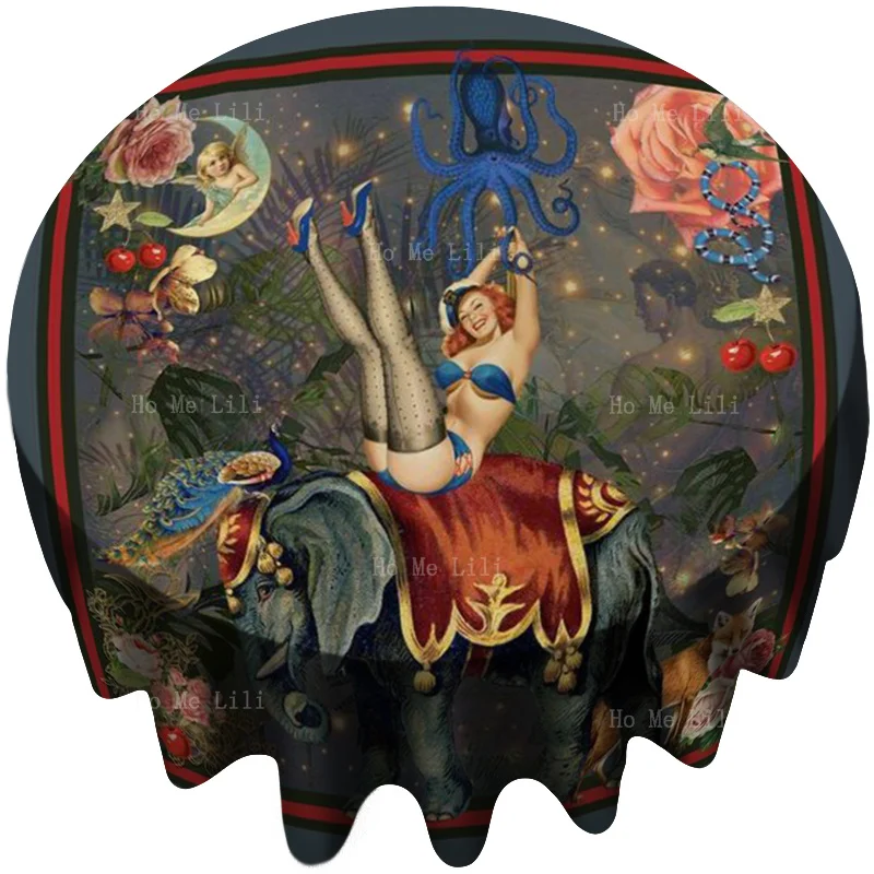 

Привлекательная Девушка сидела на спине слона Миртл и Мэри растения круглая скатерть от Ho Me Lili для стола