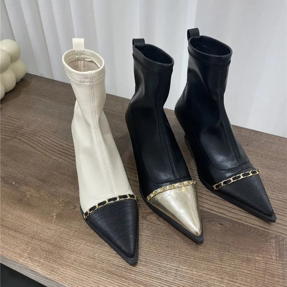 

Satin Women Ankle Boots White/Black Gold Metal Chain Shallow Slip On Thin Mid Heels Dress Shoes Woman Size 39 Winter Sock Boots