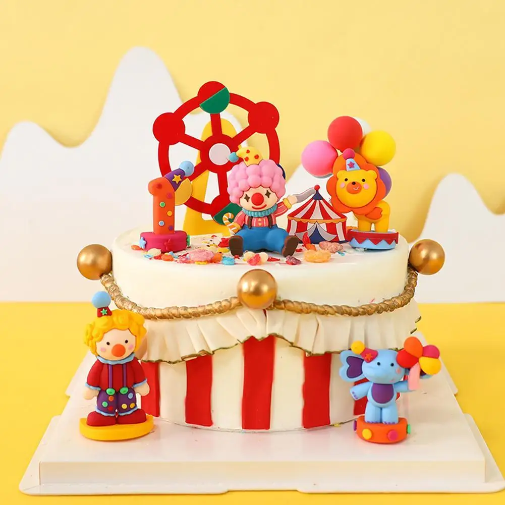 

Circus Clown Fondant Cake Ornament Elephant Lion Digit 1 Circus Theme Cake Decoration Kids Birthday Baby Shower Cake Accessories